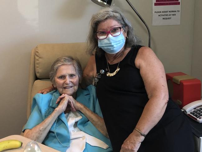 Lynette Jacka, 72, of Kempsey with her mother Norma Horne, 94, whose mental and physical health has been severely impacted after two years of lockdowns, pictured this week at a aged care home on NSW's Mid North Coast. Picture: Supplied