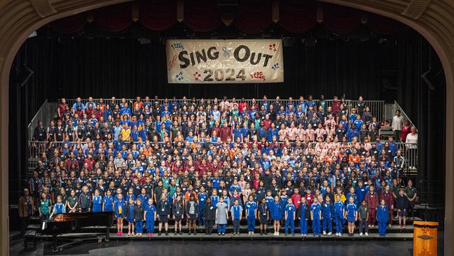 Students from Withcott SS, Gabbinbar SS, Highlands Christian College, Grantham SS, Glenvale Christian School, Toowoomba East SS, St Thomas More's, Meringandan SS, Sacred Heart, St Saviour's, Toowoomba Anglican School and Middle Ridge SS on stage for day three of Sing Out 2024 massed choir at The Empire, Thursday, June 6, 2024. Picture: Kevin Farmer