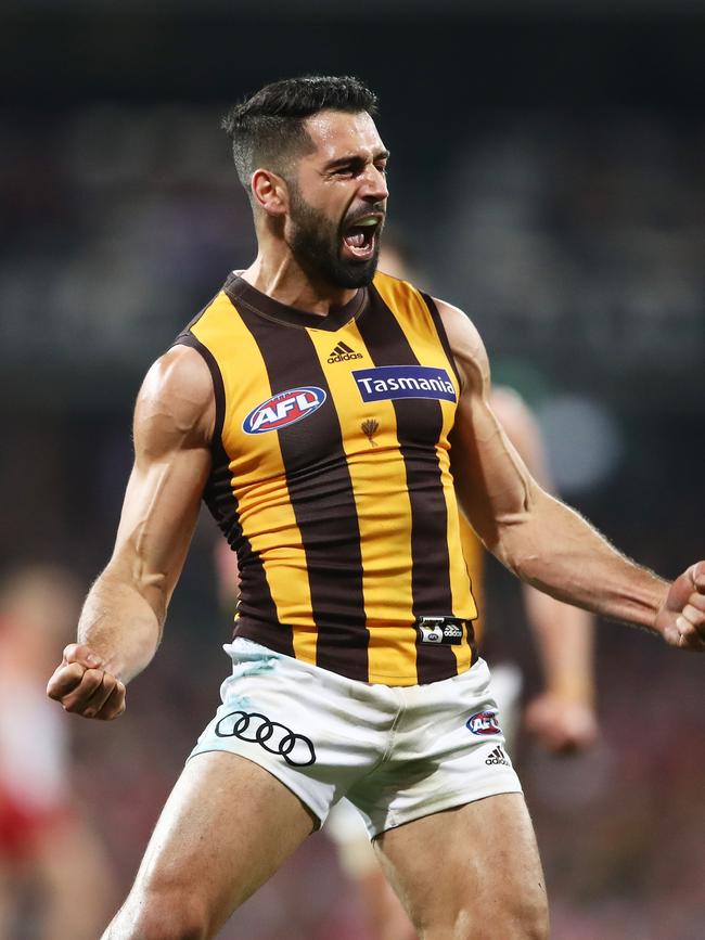 Hawthorn’s  Paul Puopolo celebrates a goal against the Sydney Swans at the Sydney Cricket Ground. Picture: Matt King/Getty