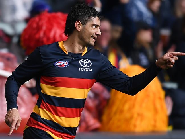 ADELAIDE, AUSTRALIA - JUNE 04: Shane McAdam of the Crows celebrates a goal during the round 12 AFL match between the Adelaide Crows and the West Coast Eagles at Adelaide Oval on June 04, 2022 in Adelaide, Australia. (Photo by Mark Brake/Getty Images)