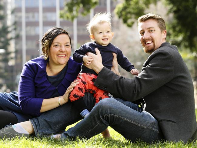 Mel Marshan, with baby Reuben, met husband Aaron Powell after she was gifted an online-dating voucher. Picture: Justin Lloyd