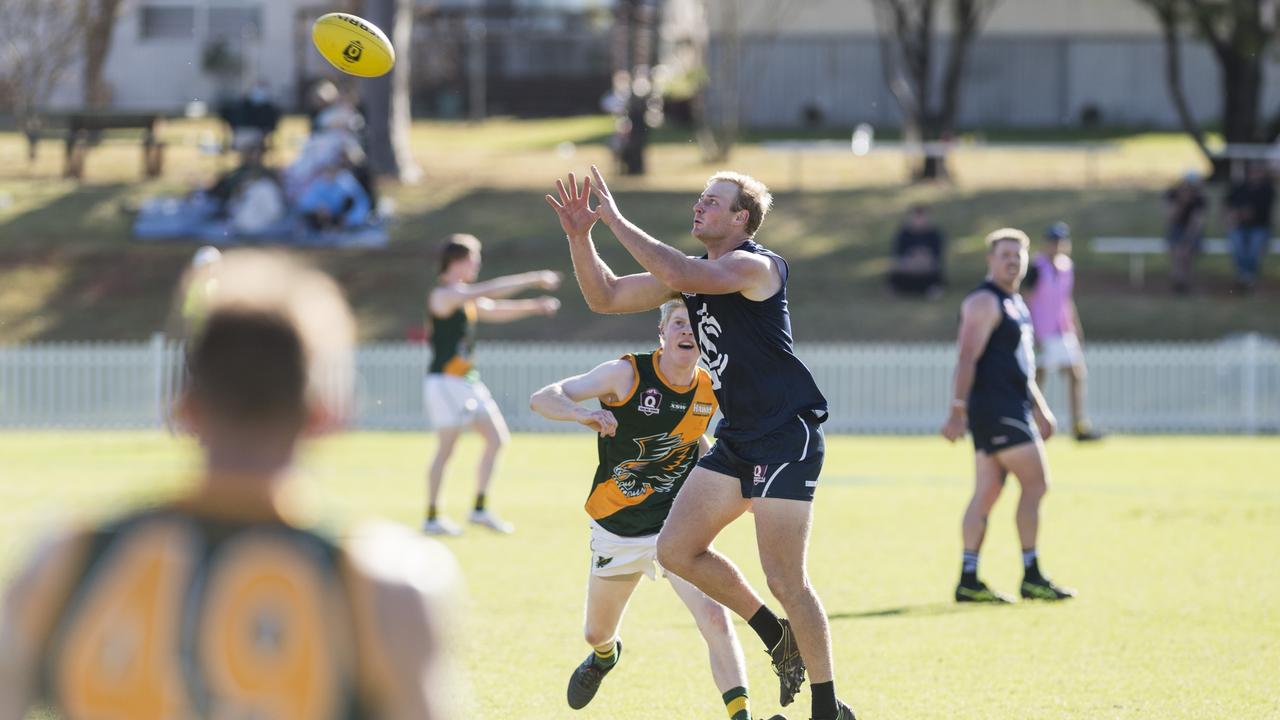 Mitchell Wren of Coolaroo against Goondiwindi Hawks in AFL Darling Downs Allied Cup senior men grand final at Rockville Park, Saturday, September 2, 2023. Picture: Kevin Farmer