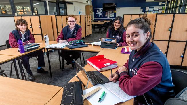 Back toSchool. Bentleigh SC on their first day back at school. Students Jackson Hall, 17, Bayden Hill, 18, Rashika Naik, 17 and Tia Lambas, 17 in class. Picture: Jake Nowakowski