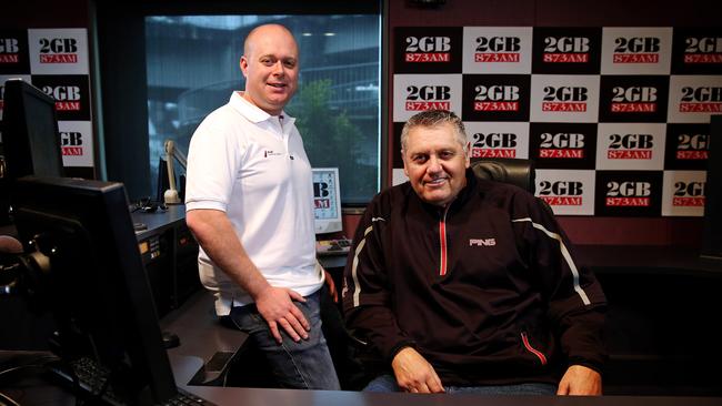 2GB producer Chris Bowen (standing) and host Ray Hadley in their studio when they worked together.