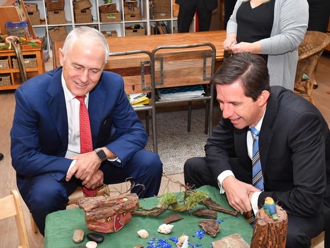 Prime Minister Malcolm Turnbull and Minister for Education Simon Birmingham. Picture: AAP.