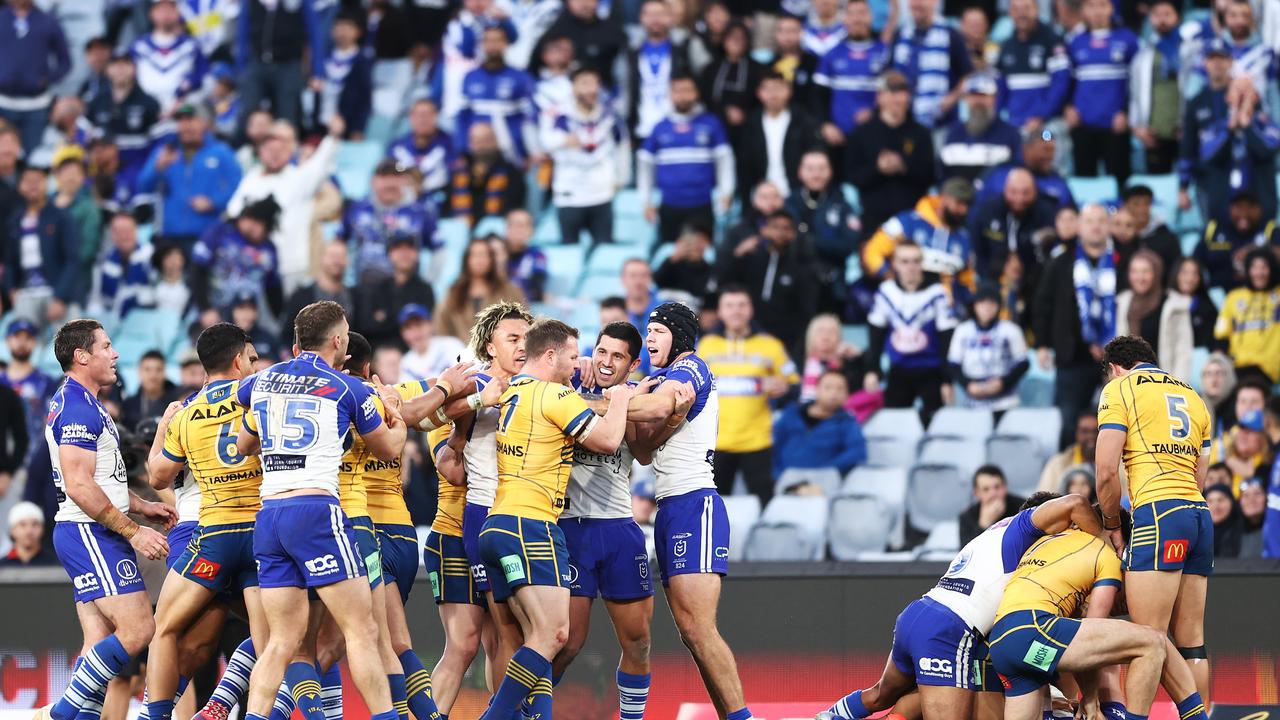The Parramatta Eels got sucked into the Bulldogs’ push and shove. (Photo by Matt King/Getty Images)