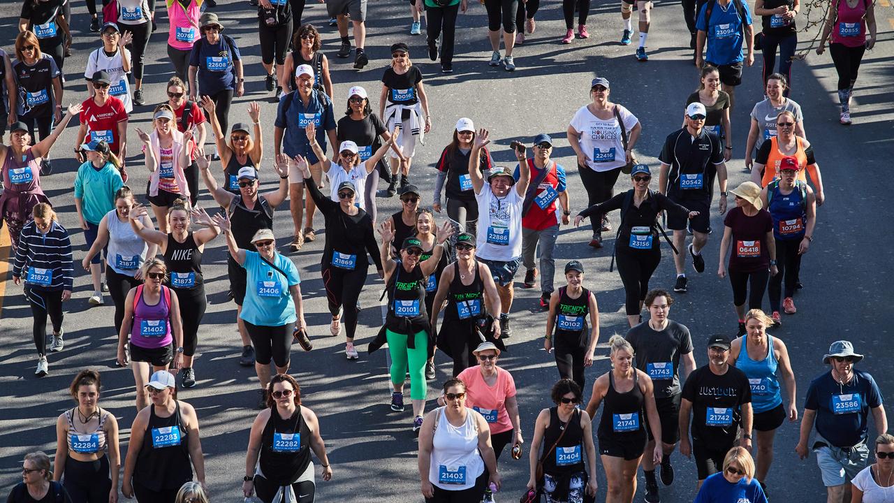 City to Bay participants walking in Adelaide, Sunday, Sept. 15, 2019. Picture: MATT LOXTON