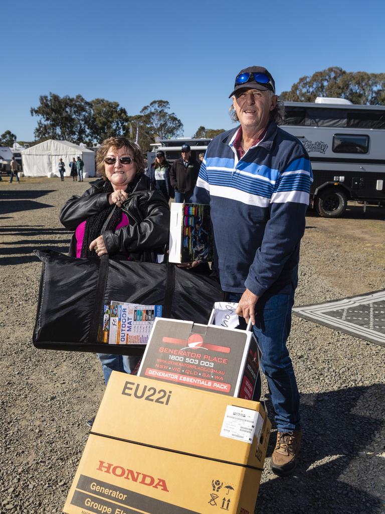 Jenny and Ian Webber with purchases from the Queensland Outdoor Adventure Expo at the Toowoomba Showgrounds, Saturday, July 30, 2022. Picture: Kevin Farmer