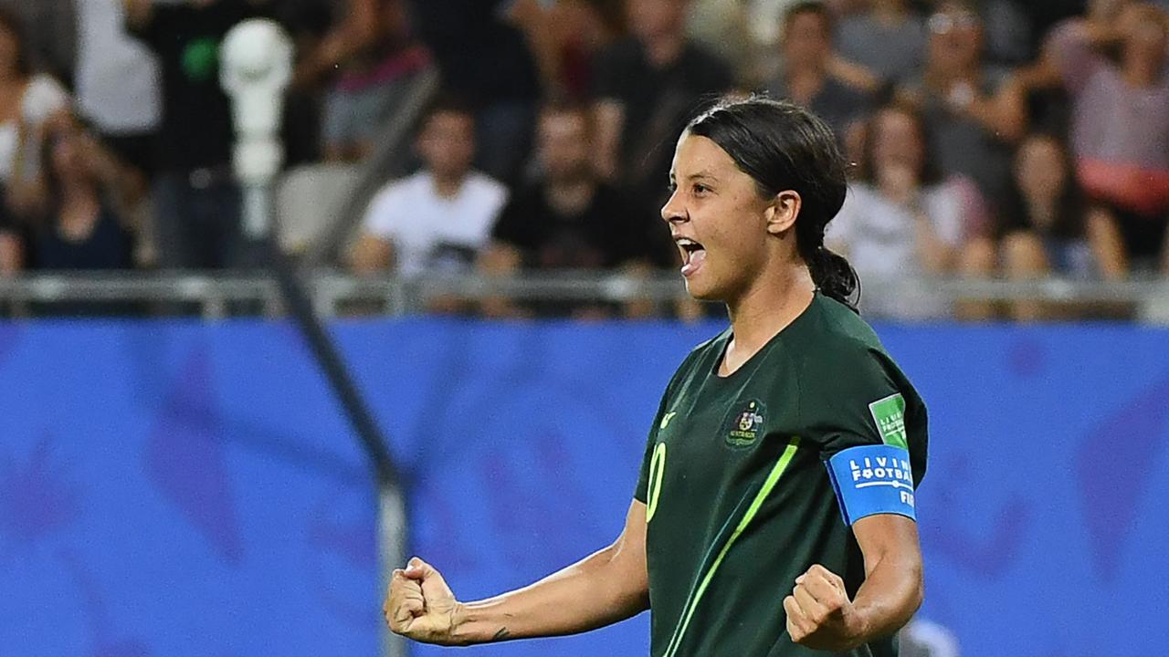 Australia's forward Samantha Kerr celebrates after scoring her fourth goal. Picture: AFP