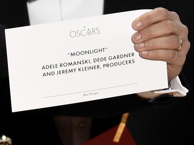 La La Land producer Jordan Horowitz holds up the correct card that reveals Moonlight as the winner of Best Picture. Picture: AP