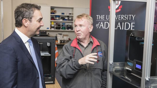 Premier Steven Marshall with astronaut Andy Thomas at Adelaide University's 3D printing lab. Picture: SIMON CROSS