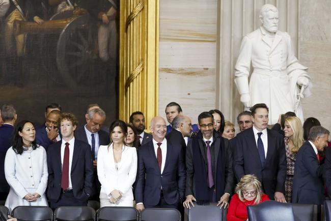 Priscilla Chan, Meta CEO Mark Zuckerberg, Lauren Sanchez,  Jeff Bezos, Alphabet CEO Sundar Pichai, and businessman Elon Musk attend the inauguration ceremony of US President-elect Donald Trump in the US Capitol Rotunda on January 20, 2025