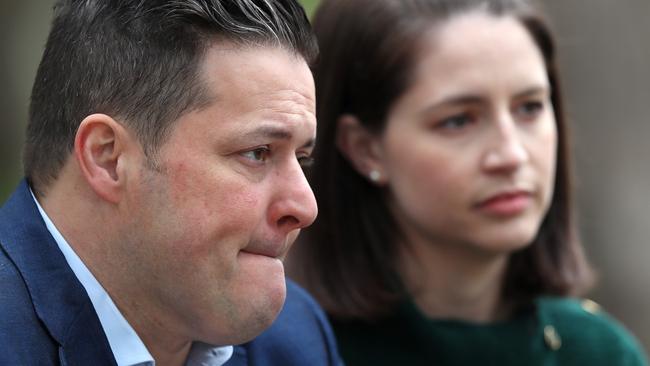 An emotional Labor MP Will Fowles and wife Jess during a sit down interview with the Herald Sun. Picture: Michael Klein