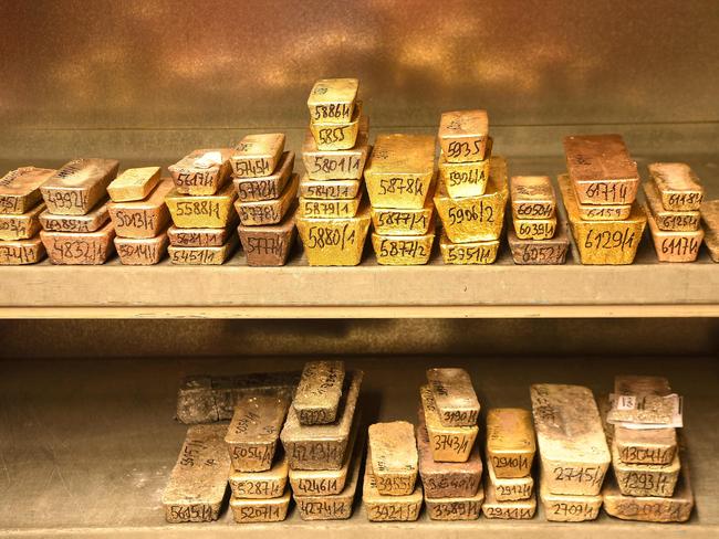 (FILES) In this file photo taken on April 1, 2019, gold bars and others precious metals are pictured at the Agosi factory, in the so called "Gold City" of Pforzheim, southwestern Germany. - The world's demand for gold rose in the first quarter, as central banks sought the safety of the precious metal, industry body the World Gold Council said on May 2, 2019. Global demand increased by seven percent to 1,053.3 tonnes in the first three months of 2019 from a year earlier, the WGC said in a quarterly report on the precious metal. (Photo by PATRICK HERTZOG / AFP)