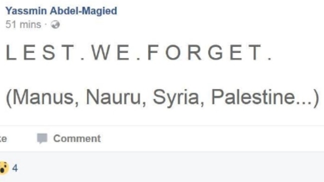 The now-deleted Facebook post from Yassmin Abdel-Magied that prompted the outrage.