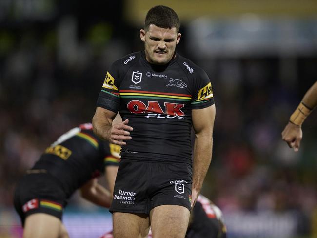 PENRITH, AUSTRALIA - JUNE 04: Nathan Cleary of the Panthers clutches his leg with an injury during the round 14 NRL match between Penrith Panthers and St George Illawarra Dragons at BlueBet Stadium on June 04, 2023 in Penrith, Australia. (Photo by Brett Hemmings/Getty Images)