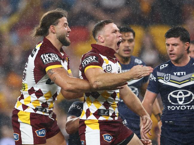 BRISBANE, AUSTRALIA - MARCH 29: BillyÃ&#130;Â Walters of the Broncos celebrates a try during the round four NRL match between Brisbane Broncos and North Queensland Cowboys at Suncorp Stadium, on March 29, 2024, in Brisbane, Australia. (Photo by Chris Hyde/Getty Images)