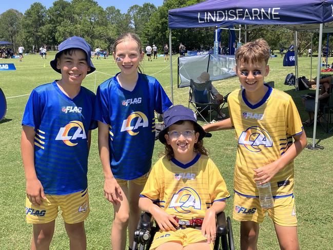 Kidman Park Primary School students Paige Schroeder, Alex Kouts, Billy Dumanovic, and Daniel Lennon at the 2024 U12 flag football national championships on the Gold Coast. Picture: Mitch Bourke.