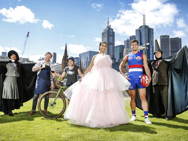 Mad March sporting events. Naomi Rukavina (actor Harry Potter and the Cursed Child), Matt Wilkinson (Montalto Winery and Four Pillars Gin), Charisse Horgan (Off-road cyclist), Gopika Kanangot (Model Melb. Fashion Festival), Josh Dunkley (AFL Western Bulldogs player) and Connor Sweeney .           Picture: David Caird