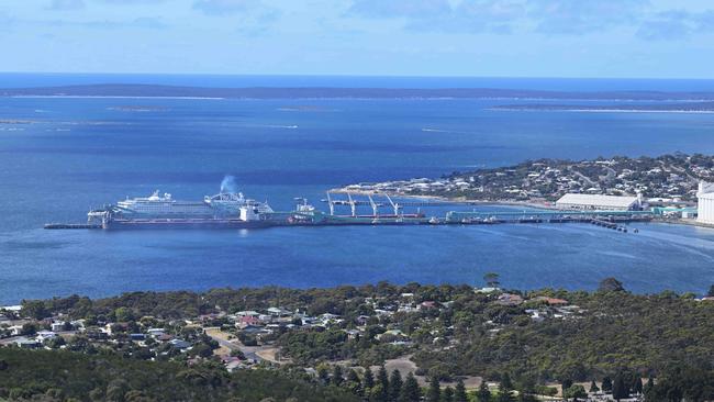 Port Lincoln with the P&amp;O Pacific Explorer docked in a view from the Winter Hill Lookout. Picture: Mark Brake