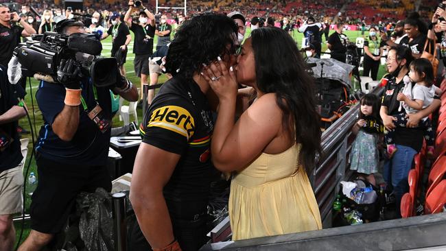 Brian To'o of the Penrith Panthers and his fiancee Moesha Crichton-Ropati melted collective hearts with their sensational proposal after the 2021 NRL Grand Final match between the Penrith Panthers and the South Sydney Rabbitohs.