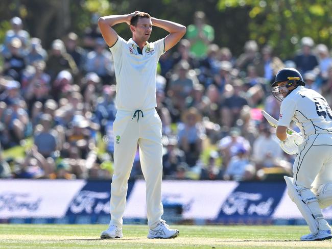 Australia's Josh Hazlewood reacts on a frustrating morning for Australia. Picture: Getty