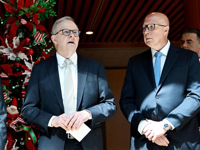 (FILES) Australia's Prime Minister Anthony Albanese (L) talks with Australia's Opposition Leader Peter Dutton at the Wishing Tree at Parliament House in Canberra on November 6, 2024. Australia holds a general election May 3, 2025, a hard-fought contest between party leaders with sharply contrasting visions for the country. (Photo by TRACEY NEARMY / AFP)