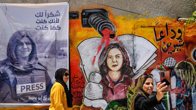 An art exhibit honours Palestinian journalist Shireen Abu Akleh in Jenin city in the occupied West Bank. Picture: Ronaldo Schemidt/AFP