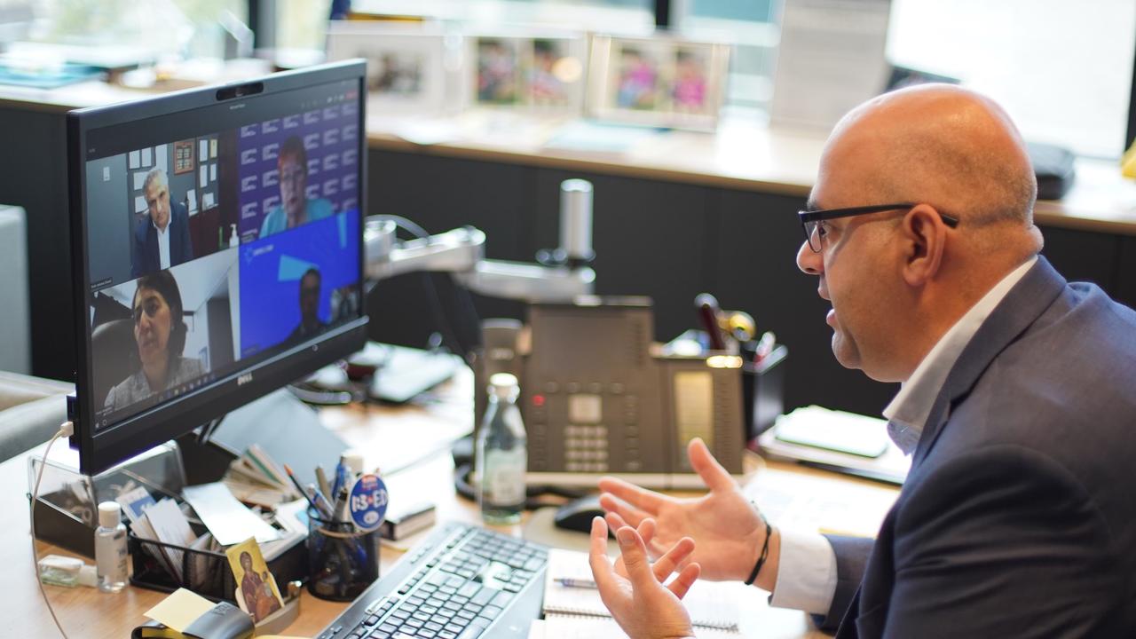 Canterbury-Bankstown Mayor Khal Asfour attending the virtual meeting held between hotspot mayors and Premier Gladys Berejiklian on Tuesday. Source: Supplied