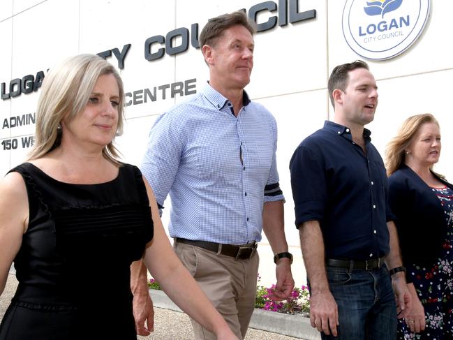 L to R, Lisa Bradley Div 1, Darren Power Div 10, Jon Raven Div 5, Laurie Koranski Div 4, they are the four "good guy" Logan councillors that will to be sacked today when the QLD Government sacks the entire council, Logan, on Thursday May 2nd, 2019 (Image AAP/Steve Pohlner)