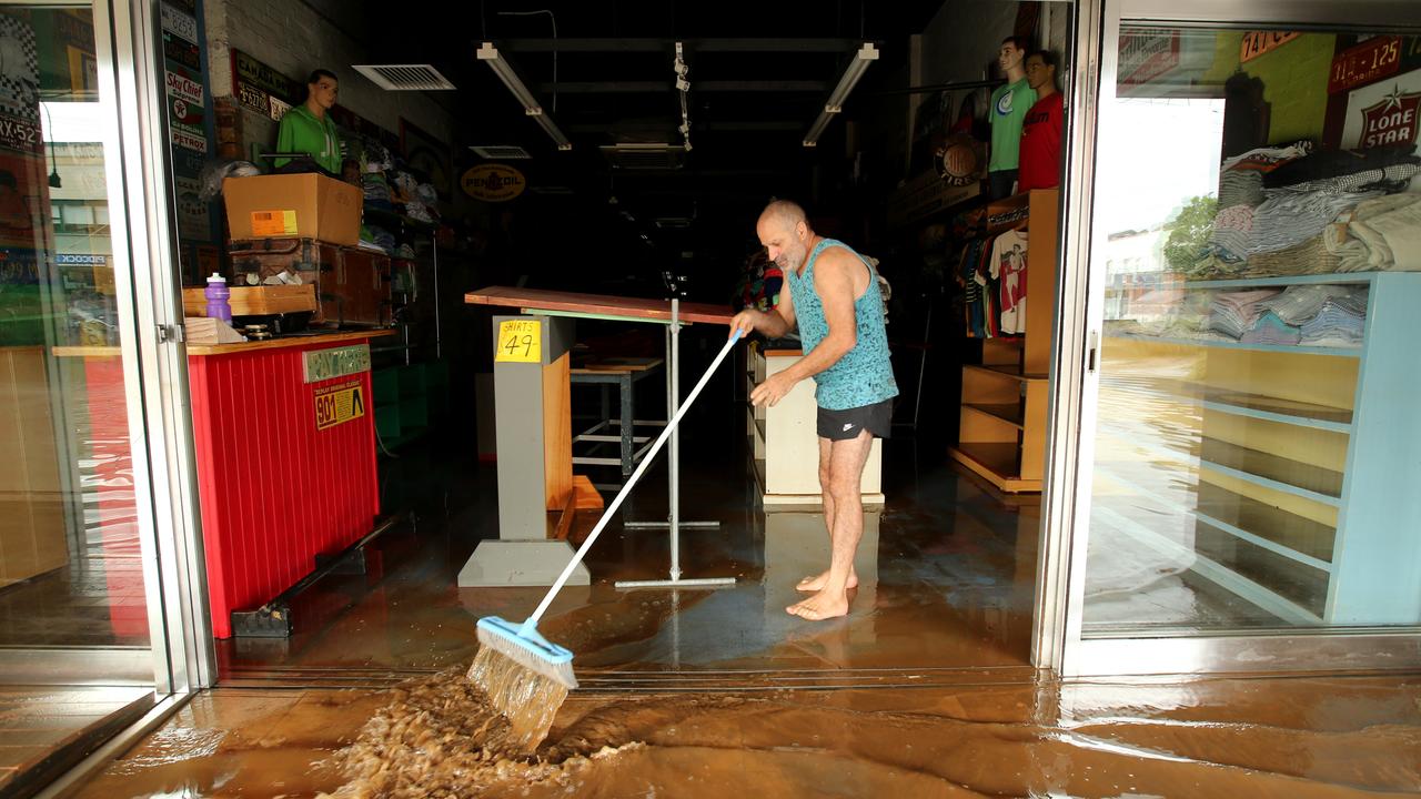 The streets of Lismore including the CBD have been inundated with floodwater after the Wilson River overtopped the flood levee. Simon Sarkis starts the clean up at Woodhouse Denim in Woodlark St in the CBD of Lismore. Picture: Nathan Edwards