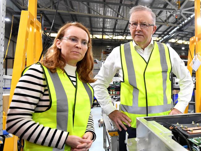 BRISBANE, AUSTRALIA - NewsWire Photos - FEBRUARY 10, 2021.Federal Opposition Leader Anthony Albanese (centre) visits electric vehicle chargers manufacturer Tritium in Brisbane. Mr Albanese is expected to make an announcement regarding industrial relations tonight. Picture: NCA NewsWire / Dan Peled