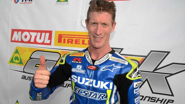 Melbourne rider Wayne Maxwell after winning the second race and finishing first overall at the Morgan Park round of the Motul Pirelli Australian Superbike Championships. Picture: Gerard Walsh