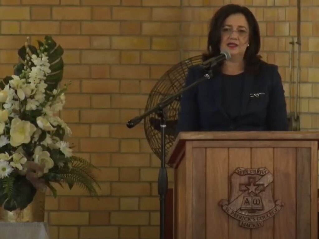 Premier Annastacia Palaszczuk speaks at the funeral of former Mackay MP Tim Mulherin in Mackay on Tuesday. Picture: MECC livestream