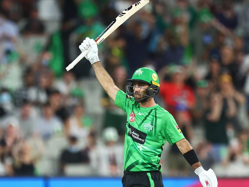 Glenn Maxwell raises his bat after scoring 150 runs against the Hobart Hurricanes in January, 2022. (Photo by Mike Owen/Getty Images)