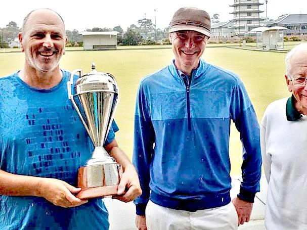 SOCIAL MEDIA IMAGE DISCUSS USE WITH YOUR EDITOR - CROQUET CHAMPION: Ballina croquet player, Mike Gidding, wins Victorian State Croquet Championship, Here, Mike holds the trophy, with Greg Hill, from Victoria, runner-up and Mike Cohn, referee.