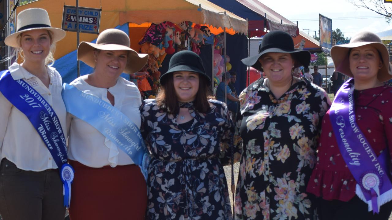 2017 Miss Showgirl Hannah Allan, Runner Up Hannah Vicary, Laura Maeyke, Lynette Vicary and Miss Personality Justine Jenkin at the Mundubbera Show.