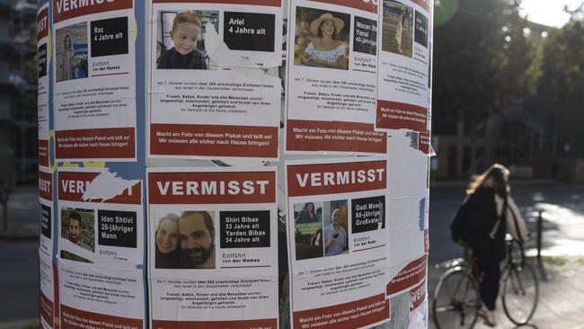 Posters show missing persons and kidnap victims of Hamas in Berlin. Picture: Getty Images