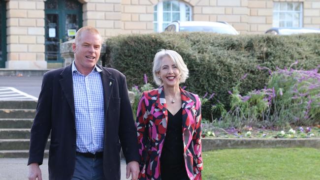 Greens candidate Vica Bayley and Greens acting leader Rosalie Woodruff on Parliament Lawns in Hobart on Friday, July 14, 2023.