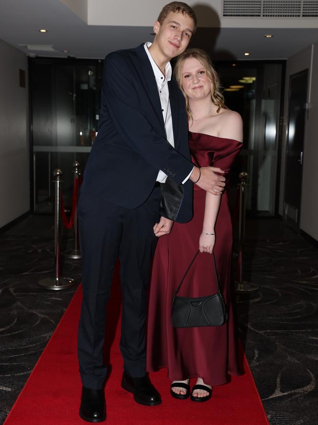 MELBOURNE, AUSTRALIA – JUNE 14 2024 Daniel Hoekstra and Emerson Siddle attends the Lowanna College Senior Formal 2024 at the Moe Racing Club Picture: Brendan Beckett