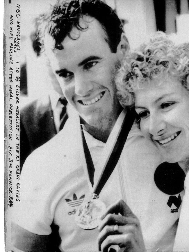 Silver medallist in the K1 Grant Davies and wife Pauline after medal presentation in 1988.