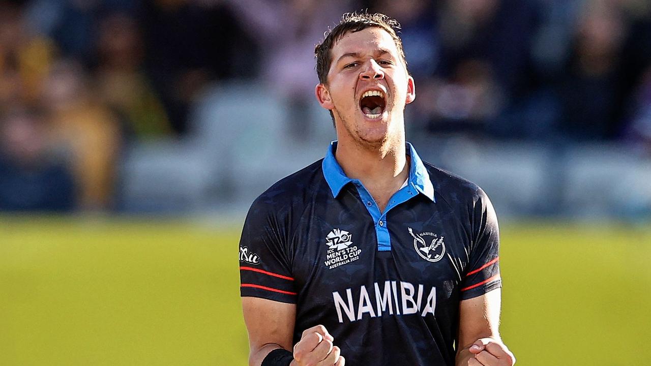 Namibia's JJ Smit celebrate the wicket of Sri Lanka's Chamika Karunaratne during his side’s T20 World Cup upset.