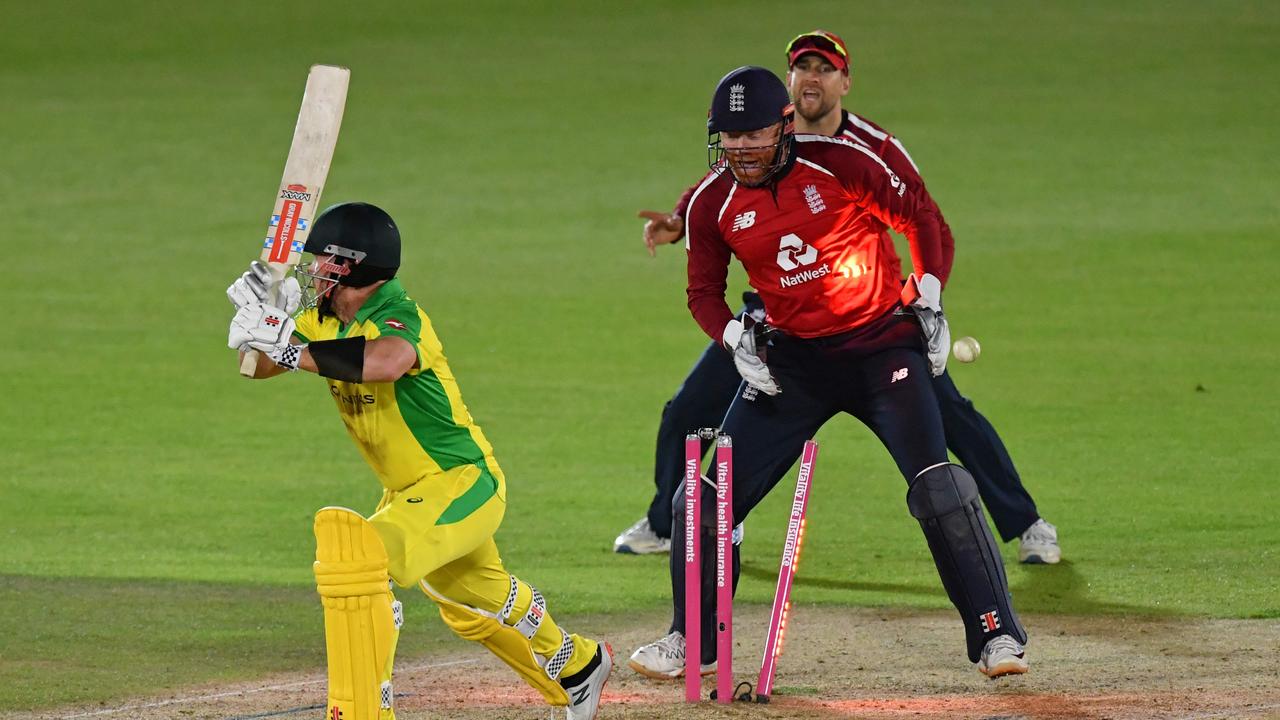 Aaron Finch loses his leg stump to a superb Adil Rashid googly.