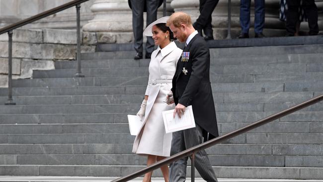 Meghan, Duchess of Sussex and Prince Harry, Duke of Sussex depart the National Service of Thanksgiving at St Paul's Cathedral. (Photo by Chris J Ratcliffe/Getty Images)