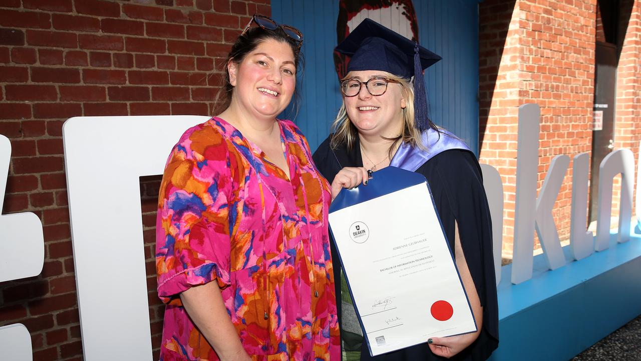 Adrienne Gelbhauer and Kristy Karipidis at Deakin University post-graduation celebrations on Friday afternoon. Picture: Alan Barber