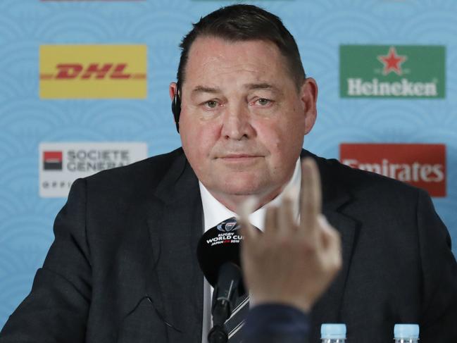 New Zealand coach Steve Hansen attends a press conference after their 19-7 loss in the Rugby World Cup semifinal against England at International Yokohama Stadium in Yokohama, Japan, Saturday, Oct. 26, 2019. (AP Photo/Eugene Hoshiko)