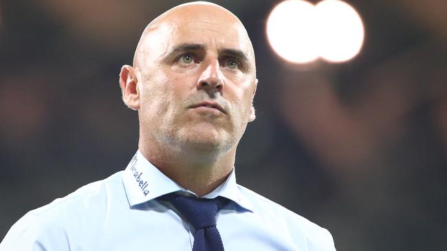 GEELONG, AUSTRALIA - MARCH 02:  Kevin Muscat, coach of the Victory looks on during the round 21 A-League match between the Melbourne Victory and the Newcastle Jets at GMHBA Stadium on March 02, 2019 in Geelong, Australia. (Photo by Scott Barbour/Getty Images)