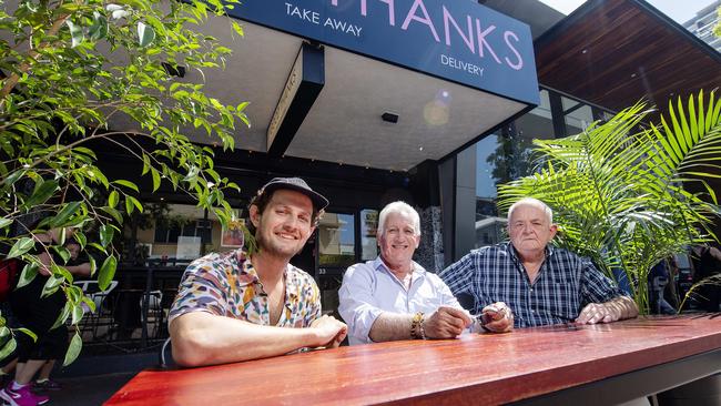 Good Thanks co-owner Alex James, Darwin Lord Mayor Kon Vatskalis and alderman Mick Palmer welcomed the start of a Darwin council scheme in July 2019 allowing eateries with car parks out the front to use the space for al fresco dining. But five months on, not one business has applied for a permit through the initiative. Picture: Keri Megelus