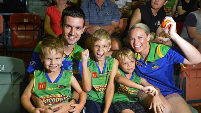 NBL Round 10 match between the Townsville Crocodiles and the Adelaide 36ers at 'The Swamp'. Dennis family enjoying the night out. Saxon, 4, Jamie, Riley, 9, Jake, 7, and Racheal. Picture: Wesley Monts