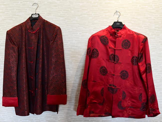 Two traditional Chinese silk jackets worn by former prime minister Bob Hawke in China are seen at his home in Northbridge, Sydney, Wednesday, August 21, 2019. A range of items belonging to Bob Hawke and Blanche D'Alpuget will go to auction on August 27. (Bianca De Marchi)